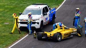 McLaughlin walks away from his damaged #3 entry before the start of last month's Indianapolis 500. Photo: Kevin Dejewski