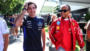 (L to R): Carlos Sainz (ESP) Atlassian Williams Racing with Lewis Hamilton (GBR) Ferrari. 13.03.2025. Formula 1 World Championship, Rd 1, Australian Grand Prix, Albert Park, Melbourne, Australia, Preparation Day