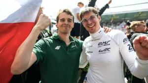 Inter Europol drivers Jakub Smiechowski (right), Tom Dillmann (left) and Nick Yelloly won the 24 Hours of Le Mans in the LMP2 category