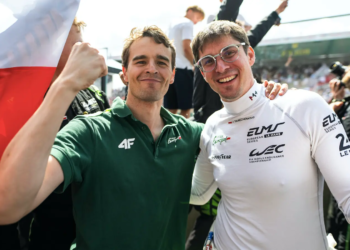 Inter Europol drivers Jakub Smiechowski (right), Tom Dillmann (left) and Nick Yelloly won the 24 Hours of Le Mans in the LMP2 category