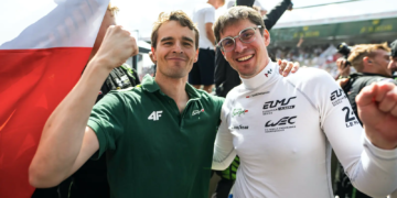 Inter Europol drivers Jakub Smiechowski (right), Tom Dillmann (left) and Nick Yelloly won the 24 Hours of Le Mans in the LMP2 category