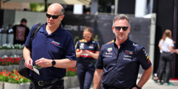 (L to Mark Rushbrook (USA) Ford Performance Motorsports Global Director with Christian Horner (GBR) Red Bull Racing Team Principal. 11.04.2025. Formula 1 World Championship, Rd 4, Bahrain Grand Prix, Sakhir, Bahrain, Practice Day
