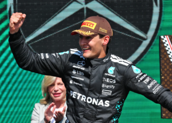Race winner George Russell (GBR) Mercedes AMG F1 celebrates on the podium. 15.06.2025. Formula 1 World Championship, Rd 10, Canadian Grand Prix, Montreal, Canada, Race Day
