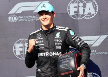George Russell (GBR) Mercedes AMG F1 celebrates his pole position in qualifying parc ferme. 14.06.2025. Formula 1 World Championship, Rd 10, Canadian Grand Prix, Montreal, Canada, Qualifying Day