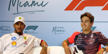 (L to R): Lewis Hamilton (GBR) Ferrari and George Russell (GBR) Mercedes AMG F1 in the FIA Press Conference. 01.05.2025. Formula 1 World Championship, Rd 6, Miami Grand Prix, Miami, Florida, USA, Preparation Day