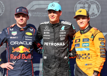 Qualifying top three in parc ferme (L to R): Max Verstappen (NLD) Red Bull Racing, second; George Russell (GBR) Mercedes AMG F1, pole position; Oscar Piastri (AUS) McLaren, third. 14.06.2025. Formula 1 World Championship, Rd 10, Canadian Grand Prix, Montreal, Canada, Qualifying Day