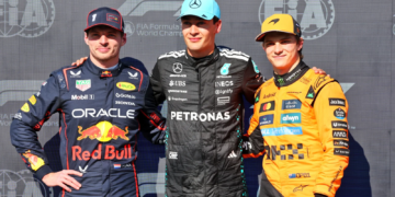 Qualifying top three in parc ferme (L to R): Max Verstappen (NLD) Red Bull Racing, second; George Russell (GBR) Mercedes AMG F1, pole position; Oscar Piastri (AUS) McLaren, third. 14.06.2025. Formula 1 World Championship, Rd 10, Canadian Grand Prix, Montreal, Canada, Qualifying Day