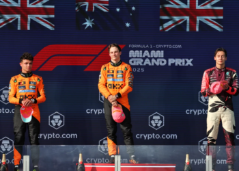 The podium (L to R): Lando Norris (GBR) McLaren, second; Oscar Piastri (AUS) McLaren, race winner; George Russell (GBR) Mercedes AMG F1, third. 04.05.2025. Formula 1 World Championship, Rd 6, Miami Grand Prix, Miami, Florida, USA, Race Day