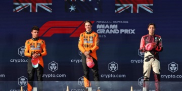 The podium (L to R): Lando Norris (GBR) McLaren, second; Oscar Piastri (AUS) McLaren, race winner; George Russell (GBR) Mercedes AMG F1, third. 04.05.2025. Formula 1 World Championship, Rd 6, Miami Grand Prix, Miami, Florida, USA, Race Day