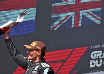 Race winner George Russell (GBR) Mercedes AMG F1 celebrates on the podium. 15.06.2025. Formula 1 World Championship, Rd 10, Canadian Grand Prix, Montreal, Canada, Race Day