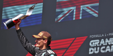 Race winner George Russell (GBR) Mercedes AMG F1 celebrates on the podium. 15.06.2025. Formula 1 World Championship, Rd 10, Canadian Grand Prix, Montreal, Canada, Race Day