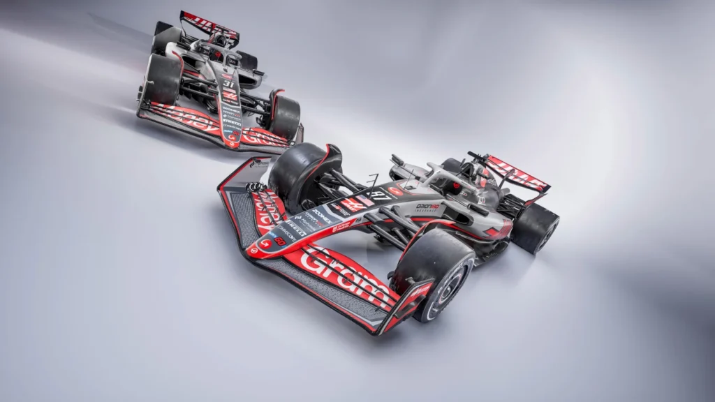 Haas' livery contains the names of the team's employees