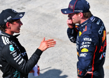 (L to R): Third placed Andrea Kimi Antonelli (ITA) Mercedes AMG F1 with second placed Max Verstappen (NLD) Red Bull Racing in parc ferme. 15.06.2025. Formula 1 World Championship, Rd 10, Canadian Grand Prix, Montreal, Canada, Race Day