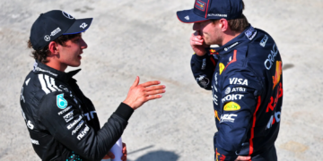 (L to R): Third placed Andrea Kimi Antonelli (ITA) Mercedes AMG F1 with second placed Max Verstappen (NLD) Red Bull Racing in parc ferme. 15.06.2025. Formula 1 World Championship, Rd 10, Canadian Grand Prix, Montreal, Canada, Race Day