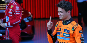 Lando Norris (GBR) McLaren celebrates his pole position in qualifying parc ferme. 28.06.2025. Formula 1 World Championship, Rd 11, Austrian Grand Prix, Spielberg, Austria, Qualifying Day