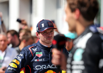 Second placed Max Verstappen (NLD) Red Bull Racing in parc ferme with race winner George Russell (GBR) Mercedes AMG F1. 15.06.2025. Formula 1 World Championship, Rd 10, Canadian Grand Prix, Montreal, Canada, Race Day