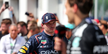 Second placed Max Verstappen (NLD) Red Bull Racing in parc ferme with race winner George Russell (GBR) Mercedes AMG F1. 15.06.2025. Formula 1 World Championship, Rd 10, Canadian Grand Prix, Montreal, Canada, Race Day