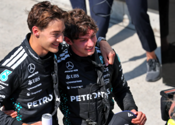 (L to R): Race winner George Russell (GBR) Mercedes AMG F1 and third placed team mate Andrea Kimi Antonelli (ITA) Mercedes AMG F1 celebrate in parc ferme. 15.06.2025. Formula 1 World Championship, Rd 10, Canadian Grand Prix, Montreal, Canada, Race Day