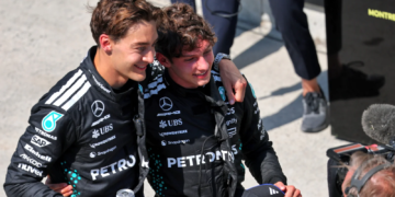 (L to R): Race winner George Russell (GBR) Mercedes AMG F1 and third placed team mate Andrea Kimi Antonelli (ITA) Mercedes AMG F1 celebrate in parc ferme. 15.06.2025. Formula 1 World Championship, Rd 10, Canadian Grand Prix, Montreal, Canada, Race Day