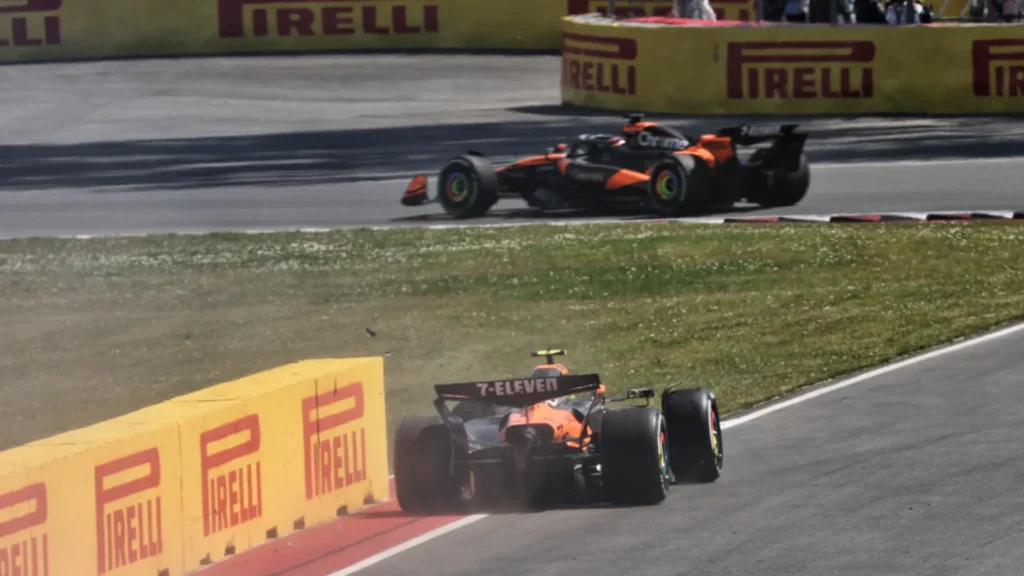 Lando Norris [McLaren] retires from the Canadian Grand Prix as Oscar Piastri [McLaren] continues