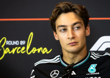 George Russell (GBR) Mercedes AMG F1 in the FIA Press Conference. 29.05.2025. Formula 1 World Championship, Rd 9, Spanish Grand Prix, Barcelona, Spain, Preparation Day