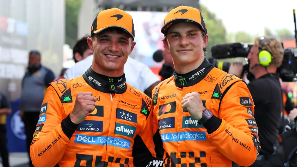 (L to R): Second placed Lando Norris (GBR) McLaren celebrates with team mate and race winner Oscar Piastri (AUS) McLaren in parc ferme. 01.06.2025. Formula 1 World Championship, Rd 9, Spanish Grand Prix, Barcelona, Spain, Race Day