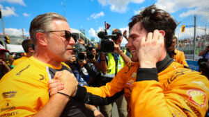 O'Ward is congratulated by Zak Brown after his Toronto victory. Photo: IndyCar - Joe Skibinski