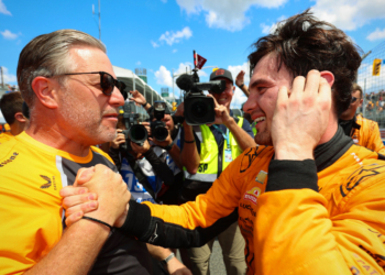 O'Ward is congratulated by Zak Brown after his Toronto victory. Photo: IndyCar - Joe Skibinski