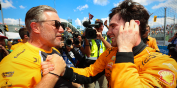 O'Ward is congratulated by Zak Brown after his Toronto victory. Photo: IndyCar - Joe Skibinski