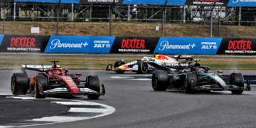 Charles Leclerc (MON) Ferrari SF-25 and Andrea Kimi Antonelli (ITA) Mercedes AMG F1 W16. 06.07.2025. Formula 1 World Championship, Rd 12, British Grand Prix, Silverstone, England, Race Day