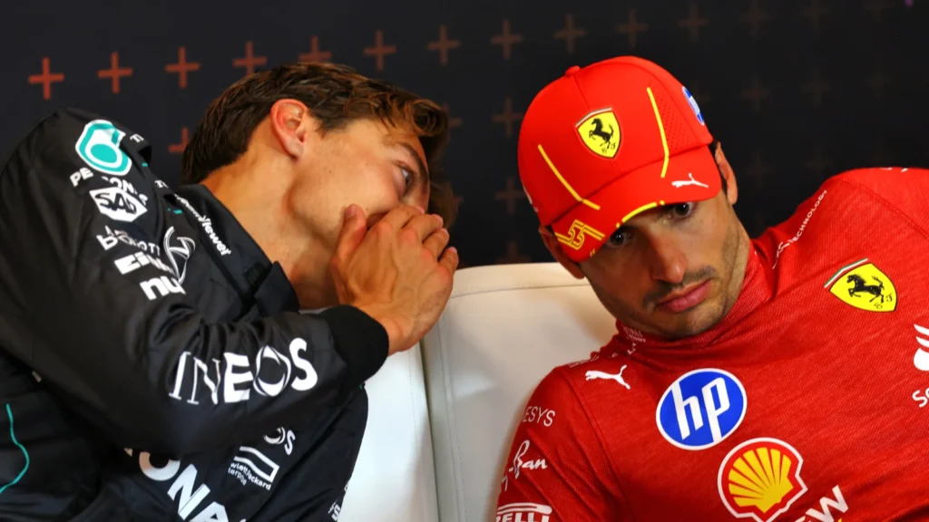 (L to R): George Russell (GBR) Mercedes AMG F1 and Carlos Sainz Jr (ESP) Ferrari in the post race FIA Press Conference. 30.06.2024. Formula 1 World Championship, Rd 11, Austrian Grand Prix, Spielberg, Austria, Race Day