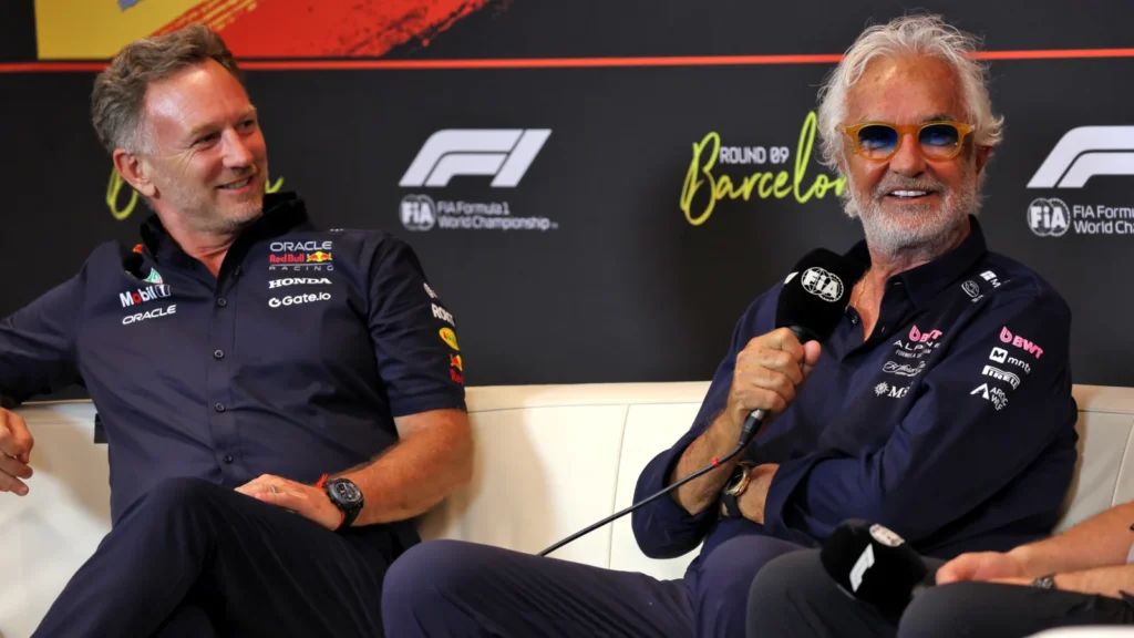 (L to R): Christian Horner (GBR) Red Bull Racing Team Principal and Flavio Briatore (ITA) Alpine F1 Team Executive Advisor in the FIA Press Conference. 30.05.2025 Formula 1 World Championship, Rd 9, Spanish Grand Prix, Barcelona, Spain, Practice Day