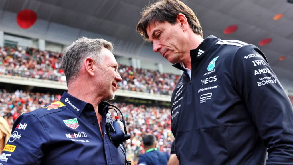 (L to R): Christian Horner (GBR) Red Bull Racing Team Principal with Toto Wolff (GER) Mercedes AMG F1 Shareholder and Executive Director on the grid. 23.03.2025. Formula 1 World Championship, Rd 2, Chinese Grand Prix, Shanghai, China, Race Day