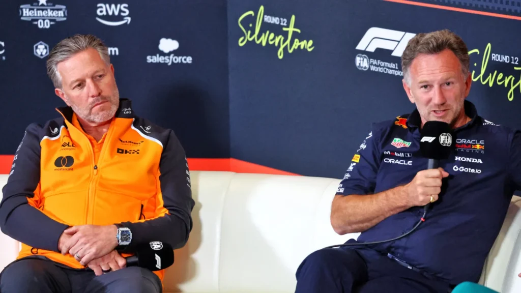 (L to R): Zak Brown (USA) McLaren Executive Director and Christian Horner (GBR) Red Bull Racing Team Principal in the FIA Press Conference. 04.07.2025. Formula 1 World Championship, Rd 12, British Grand Prix, Silverstone, England, Practice Day
