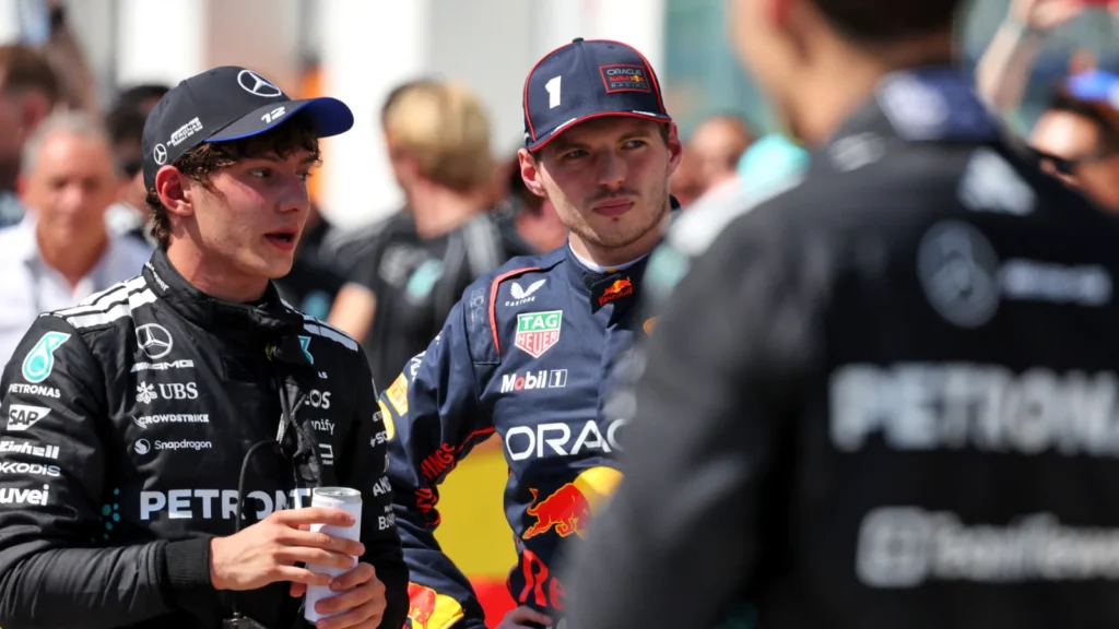 (L to R): Third placed Andrea Kimi Antonelli (ITA) Mercedes AMG F1 in parc ferme with second placed Max Verstappen (NLD) Red Bull Racing. 15.06.2025. Formula 1 World Championship, Rd 10, Canadian Grand Prix, Montreal, Canada, Race Day