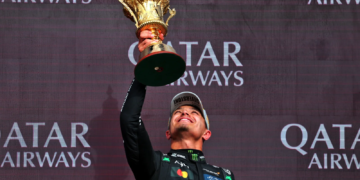Race winner Lando Norris (GBR) McLaren celebrates on the podium. 06.07.2025. Formula 1 World Championship, Rd 12, British Grand Prix, Silverstone, England, Race Day