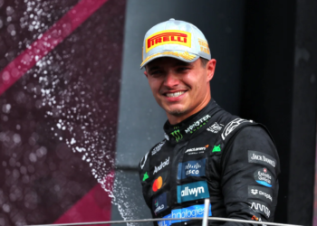 Race winner Lando Norris (GBR) McLaren celebrates on the podium. 06.07.2025. Formula 1 World Championship, Rd 12, British Grand Prix, Silverstone, England, Race Day