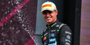 Race winner Lando Norris (GBR) McLaren celebrates on the podium. 06.07.2025. Formula 1 World Championship, Rd 12, British Grand Prix, Silverstone, England, Race Day