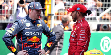 Race winner Lewis Hamilton (GBR) Ferrari (Right) in Sprint parc ferme with third placed Max Verstappen (NLD) Red Bull Racing. 22.03.2025. Formula 1 World Championship, Rd 2, Chinese Grand Prix, Shanghai, China, Sprint and Qualifying Day