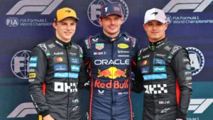 The top three in qualifying parc ferme (L to R): Oscar Piastri (AUS) McLaren, second; Max Verstappen (NLD) Red Bull Racing, pole position; Lando Norris (GBR) McLaren, third. 05.07.2025. Formula 1 World Championship, Rd 12, British Grand Prix, Silverstone, England, Qualifying Day