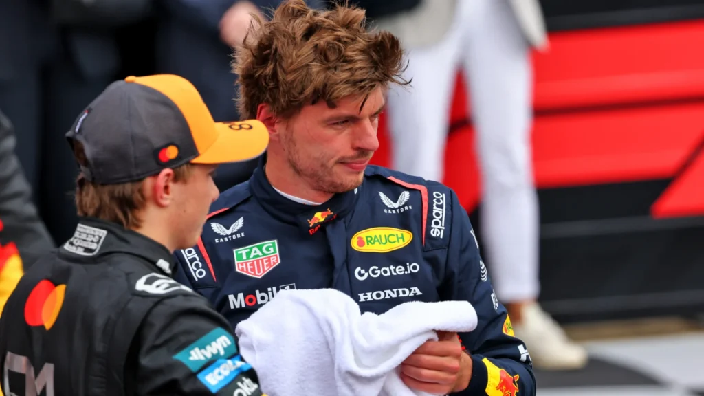 Max Verstappen (NLD) Red Bull Racing, pole position, in qualifying parc ferme with second placed Oscar Piastri (AUS) McLaren. 05.07.2025. Formula 1 World Championship, Rd 12, British Grand Prix, Silverstone, England, Qualifying Day