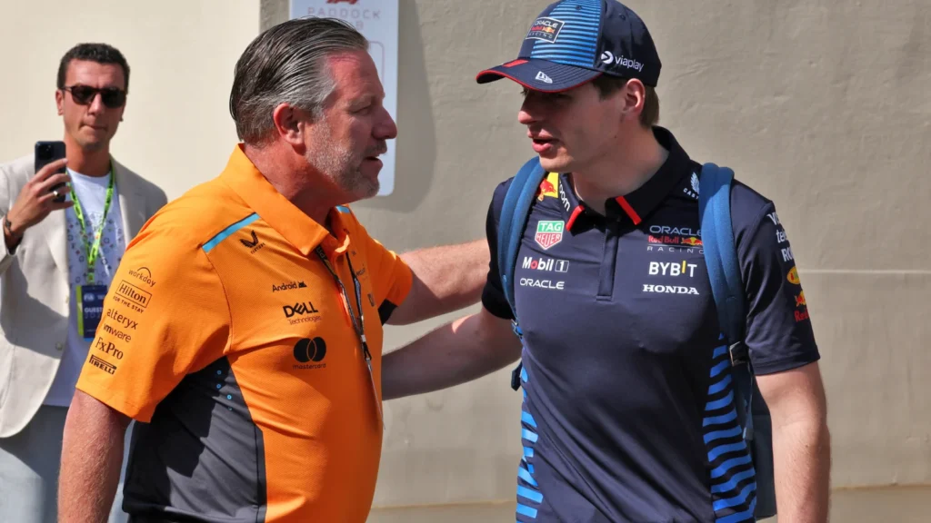 Toyota Gazoo Racing Zak Brown (USA) McLaren Executive Director with Max Verstappen (NLD) Red Bull Racing.l 06.12.2024. Formula 1 World Championship, Rd 24, Abu Dhabi Grand Prix, Yas Marina Circuit, Abu Dhabi, Practice Day