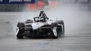 Mitch Evans of New Zealand driving the (9) Jaguar TCS Racing Jaguar I-TYPE 7 on track during qualifying, ahead of the Berlin E-Prix, Round 13 of the 2025 FIA Formula E World Championship at Tempelhof Airport Circuit on July 12, 2025 in Berlin, Germany