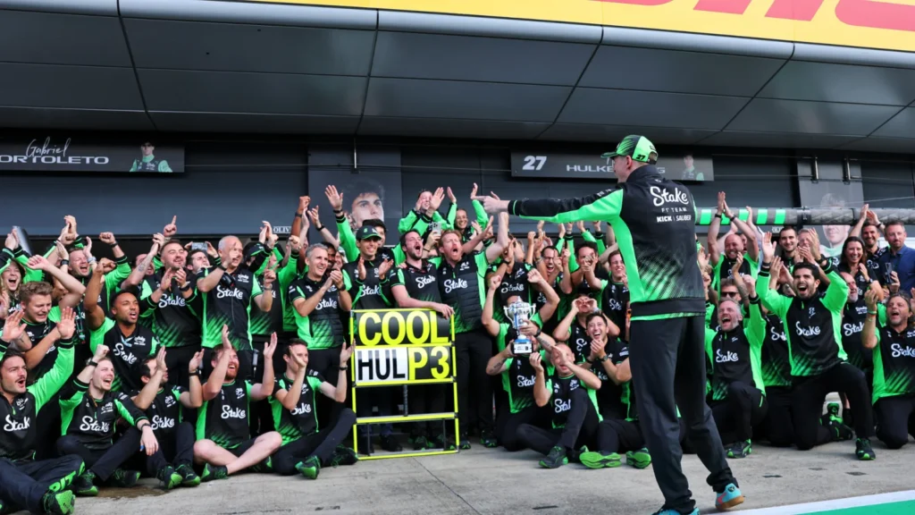 Nico Hulkenberg (GER) Sauber celebrates his third position with the team. 06.07.2025. Formula 1 World Championship, Rd 12, British Grand Prix, Silverstone, England, Race Day