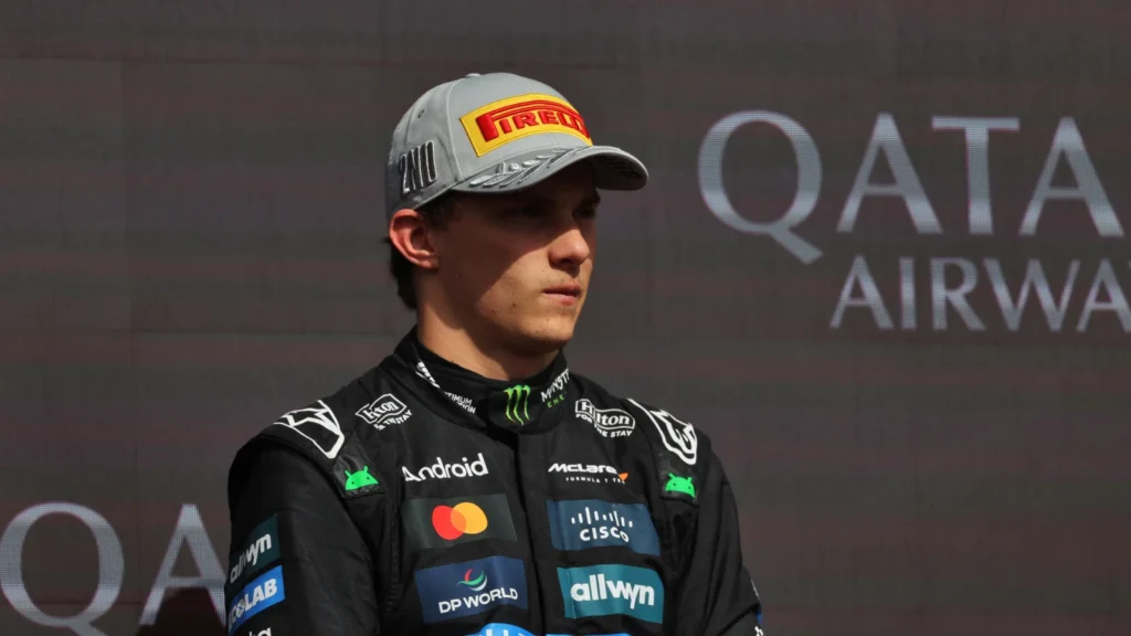Oscar Piastri (AUS) McLaren, second position, on the podium. 06.07.2025. Formula 1 World Championship, Rd 12, British Grand Prix, Silverstone, England, Race Day