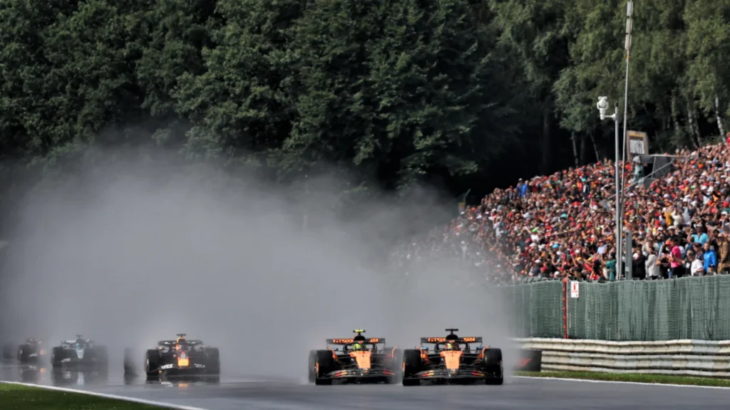 Oscar Piastri took the lead from Lando Norris and held it to win the Belgian GP