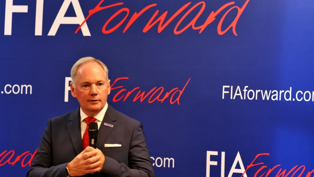 Tim Mayer (USA) FIA Forward announces his running for FIA Presidency at a Media Briefing at Whittlebury Hall. 04.07.2025. Formula 1 World Championship, Rd 12, British Grand Prix, Silverstone, England, Practice Day