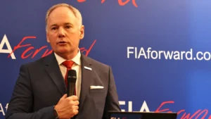 Tim Mayer (USA) FIA Forward announces his running for FIA Presidency at a Media Briefing at Whittlebury Hall. 04.07.2025. Formula 1 World Championship, Rd 12, British Grand Prix, Silverstone, England, Practice Day