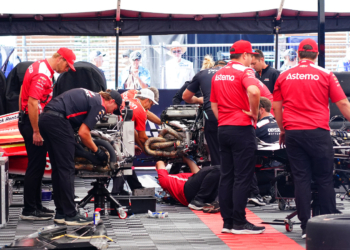 Team Penske was hard at work completing an engine change on a tight schedule. Photo: Kevin Dejewski