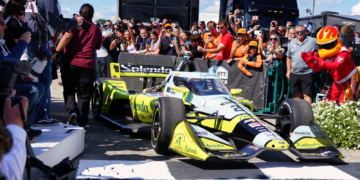 Rasmussen rolls into victory lane after taking the win in Milwaukee. Photo: Kevin Dejewski